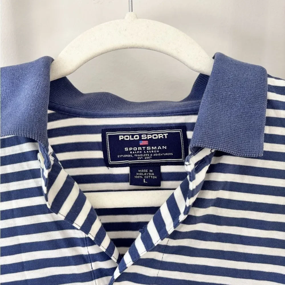 Vintage 90s / Y2K Ralph Lauren Blue and White Striped Polo Shirt
